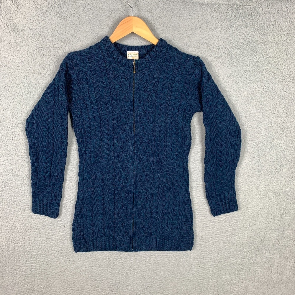 Kilronan Cardigan Sweater Women's‎ XXS 2XS Cable Knit Zip Up Merino Wool Blue